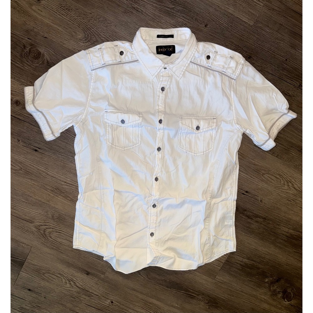Helix Mens White Short Sleeve Button Down Athletic Fit Shirt Epaulettes Large